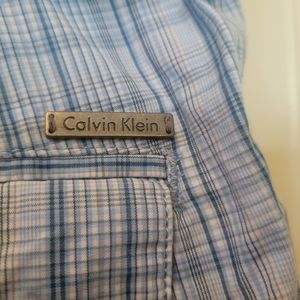 Men Size 38 blue white plaid shorts hardware at waist flat front By CALVIN KLEIN